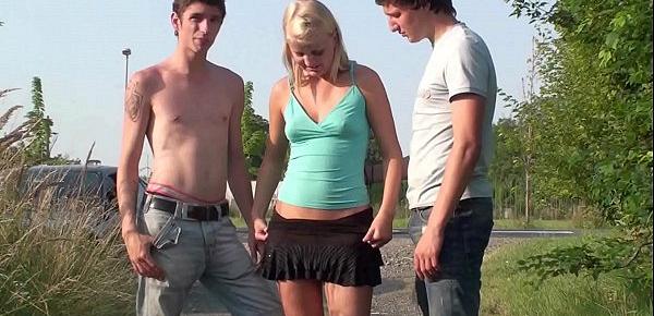  A blond teen girl public fucking with 2 young guys in public with oral deep throat blowjob and vaginal sexual threesome intercourse with vaginal pussy fuck while random strangers see them during this exciting adult adventure recorded on a video